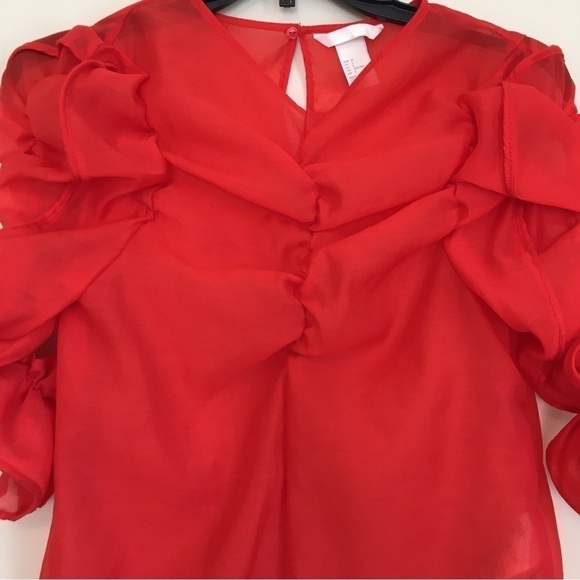 H&M Georgette Red Top V-neck Puff sleeves blouse - Picture 6 of 16